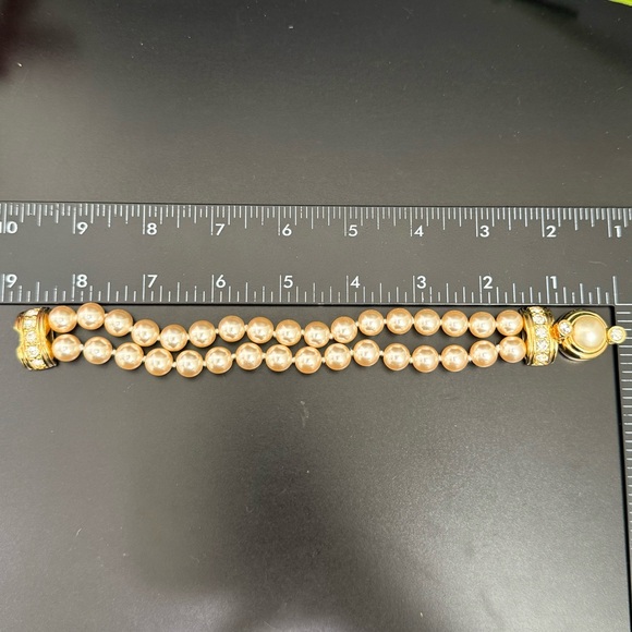 KJL Kenneth J Lane Double Strand Faux Pearl Clear Rhinestone Clasp Bracelet - Picture 9 of 14